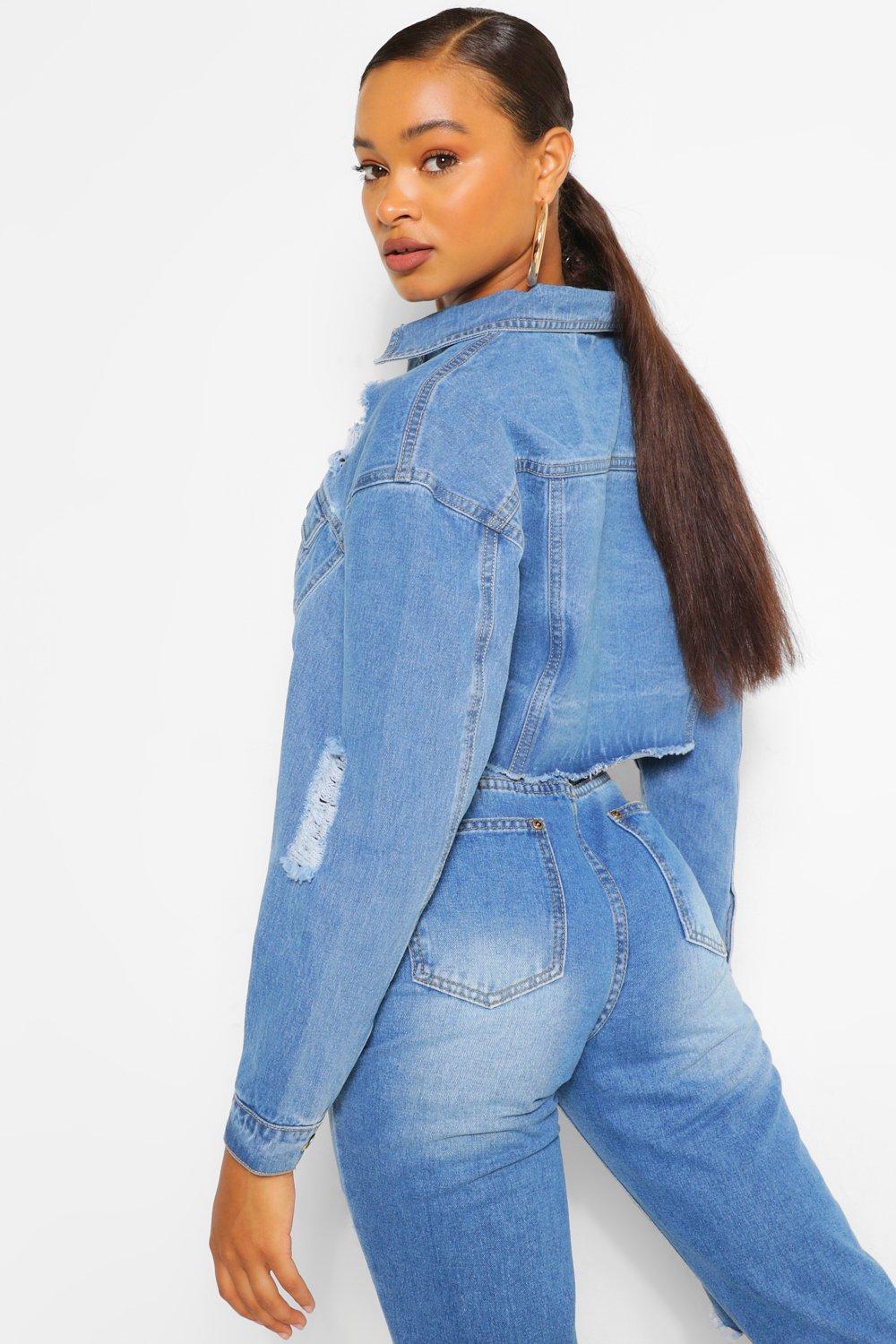 Cropped denim jacket clearance boohoo